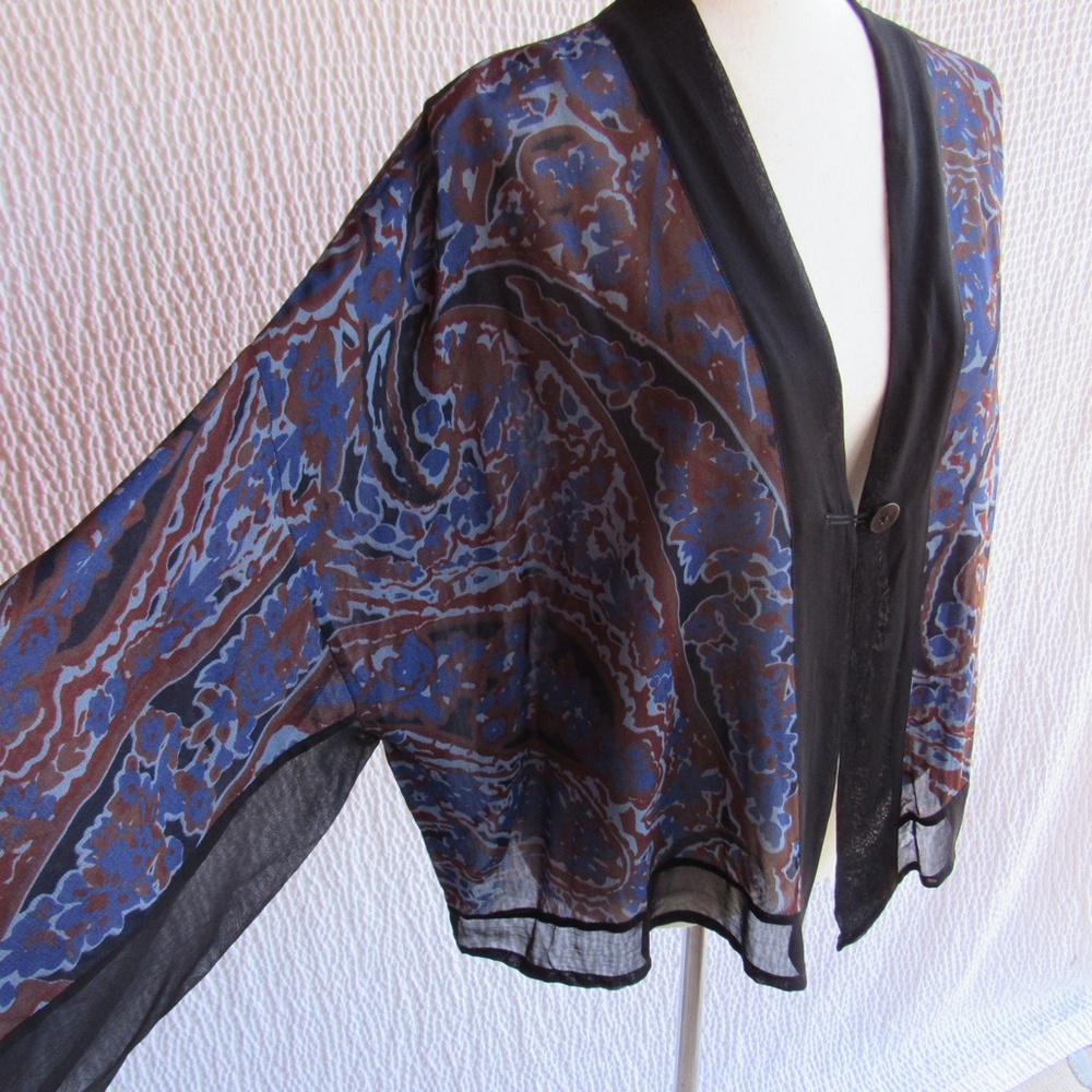 Silky Brown Blue Cardigan Top L XL Button Closure Relaxed Kavtta USA